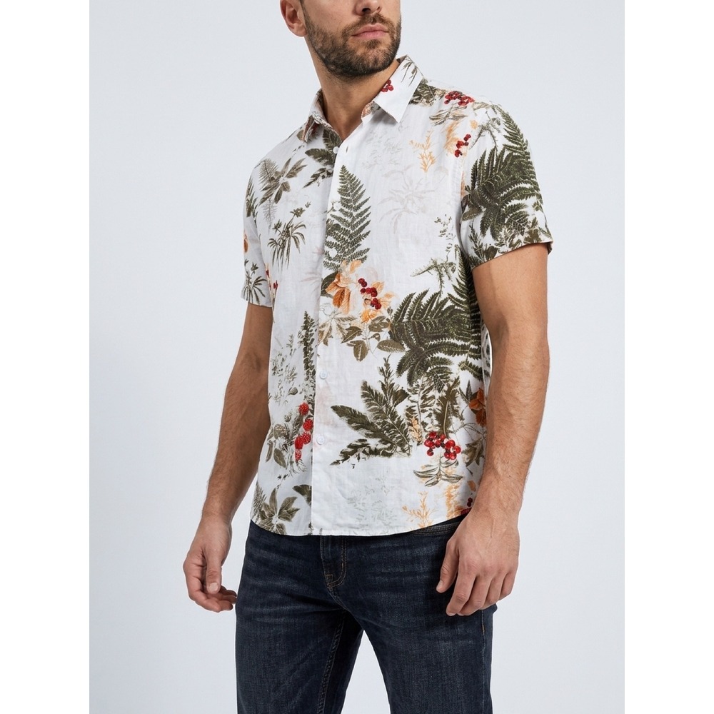 Guess Mens Slim Fit Tropical Botanical Short Sleeve Button Down Shirt L White
